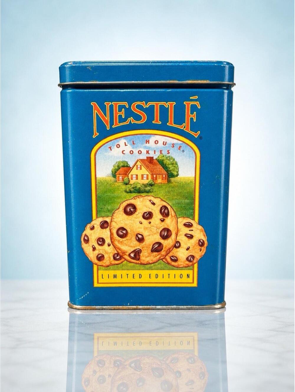 Nestle 1980s Toll House Cookies Morsels Limited Edition Tin Blue, 4.25x6.25”